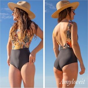 Free People Floral and Black One Piece Swimsuit
